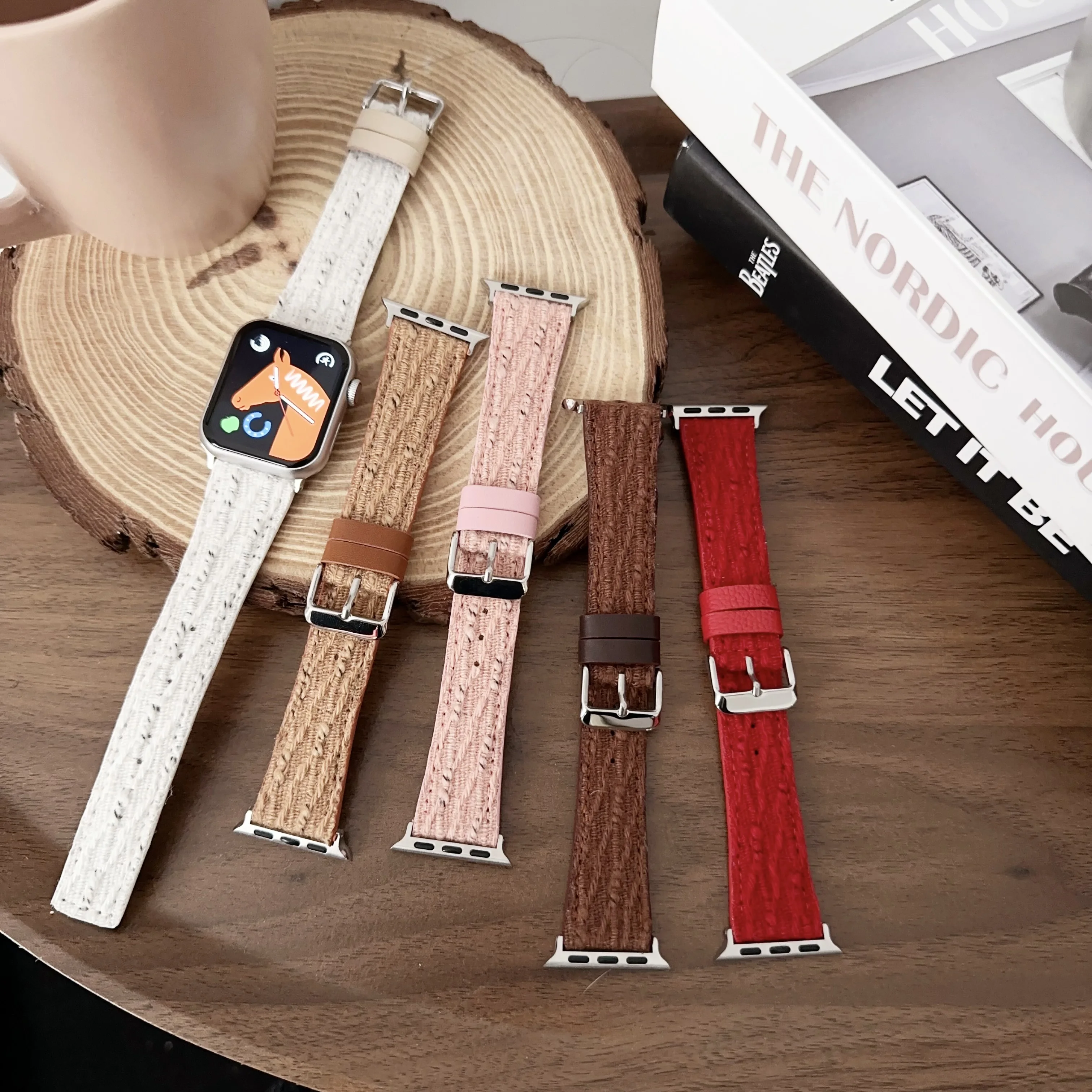 woolen leather watch band strap For Apple iwatch band 40mm 44mm 45mm  8 Ultra2 49mm watch band wristband 8/7/6 Flat tail strap