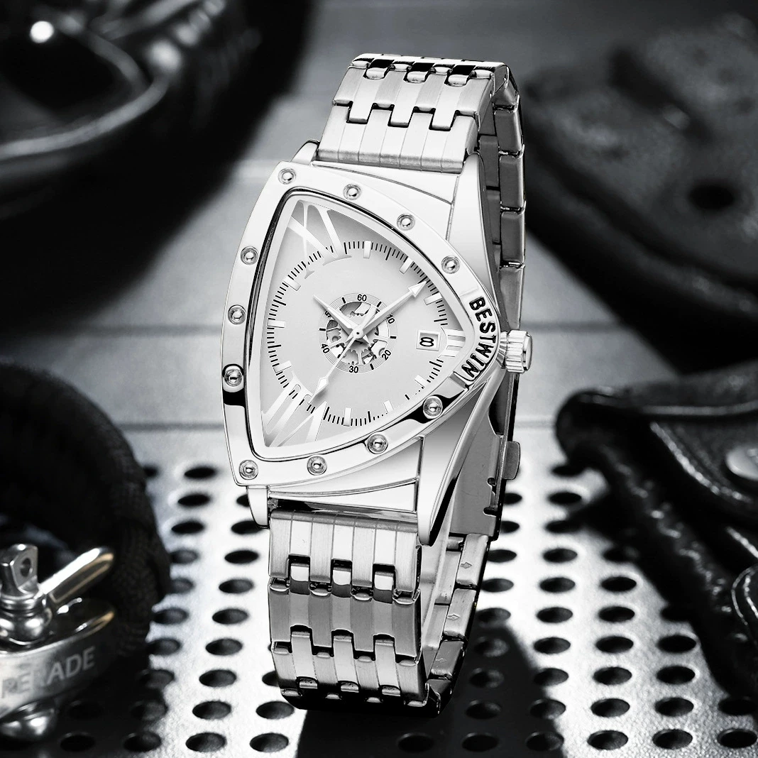 

New Fashion Luxury Man Triangle Hollow Skeleton Faux Mechanical Watch Men Business Stainless Steel Quartz Watches reloj hombre