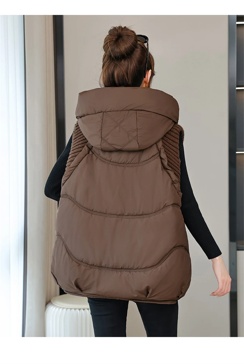 A-word Vest Down Cotton Padded Jackets Short Waistcoat Mid-Length Slim Hooded Autumn Winter Jackets Solid Women's Coats Trend