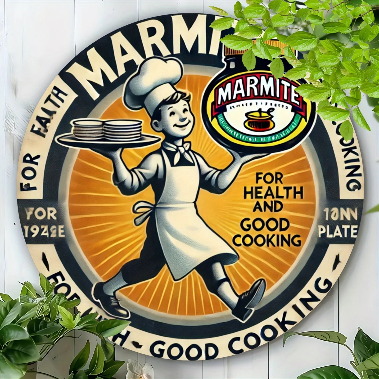 1 Stück Vintage Marmite Aluminiumfolie Schnitzschild, 20,3 x 20,3 cm rundes Metallschild für Heim- und Bürodekoration, langlebige Wandkunst für Livi