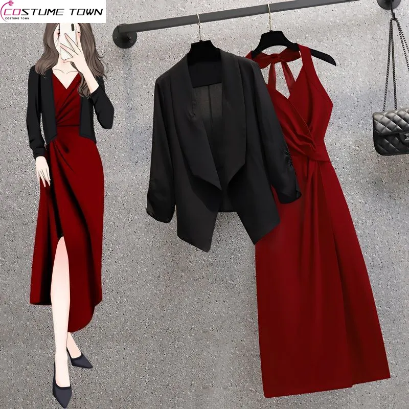 

2023 Spring/Summer Korean Version New Temperament High Sense Suit Top Fashion Strap Dress Slim Two Piece Set