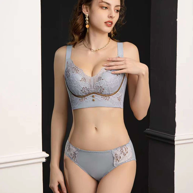 Embroidered Lace Adjustable Bra Gather Anti-Sagging Underwear Set Soft Comfortable Bra Set Fashion Maintenance Contrast Bra Set