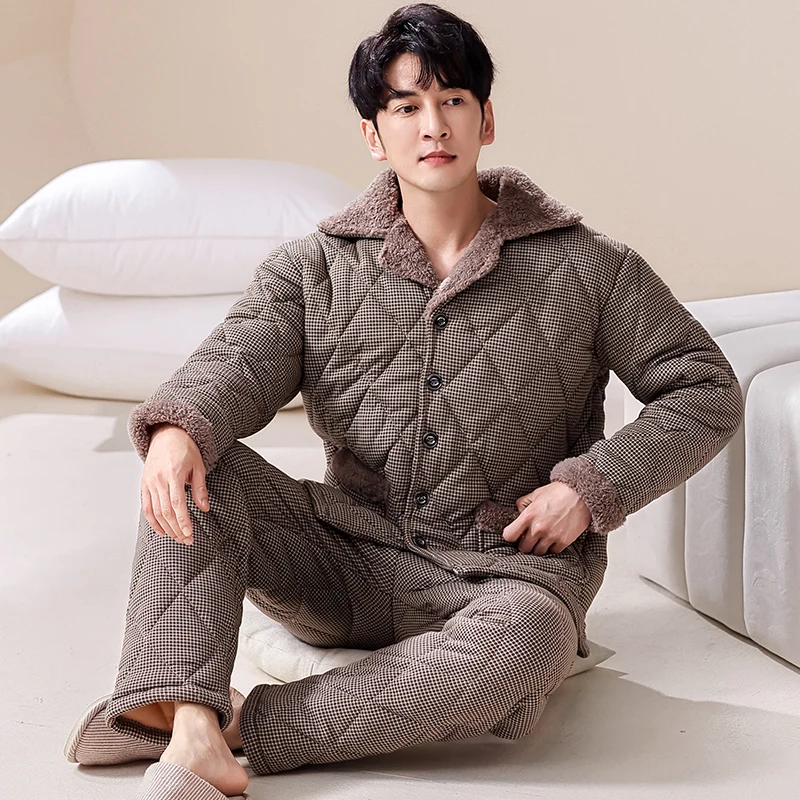 Winter thickened men's pajamas cardigan button style cotton-padded men's home clothing 3 layers quilted keep warm men's pajamas