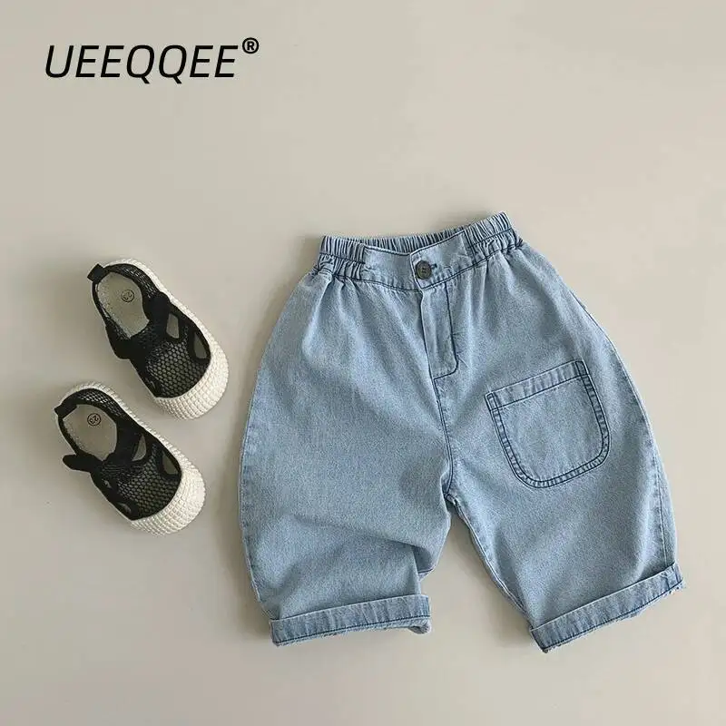 

Хлопковые тонкие карманы, Новинка весна-лето 2024, детские джинсы, джинсовые брюки для мальчиков, брюки, Корейская модель детской одежды