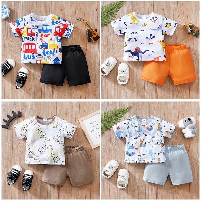 

2-piece newborn boy and baby summer full print cute car contrast color round collar short-sleeved T-shirt + shorts set