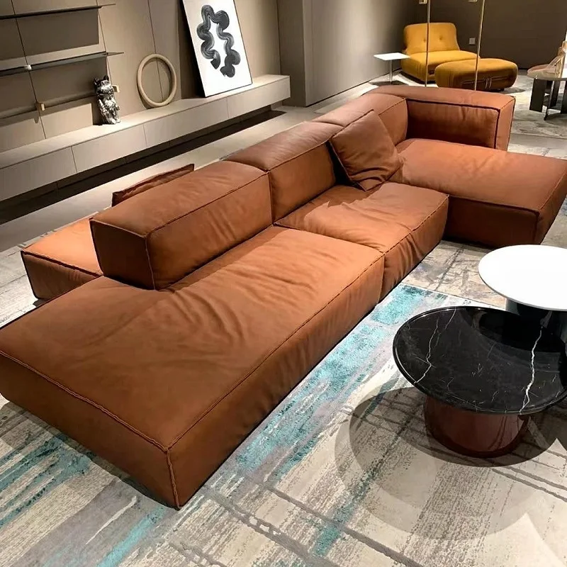 Double-sided module cowhide island sofa villa large flat living room matte leather tofu block cotton and linen sofa combination