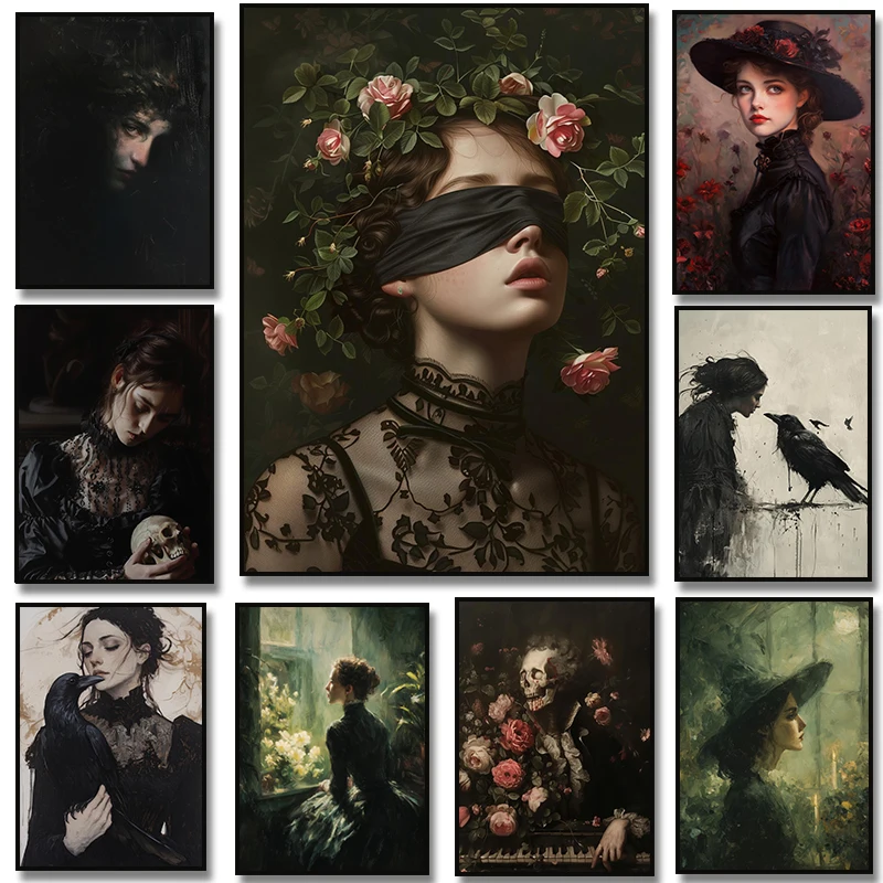 Gothic Princess Raven Blindfolded Rose Victorian Woman Skull Portrait Poster Canvas Painting Print Dark Academia Home  Decor