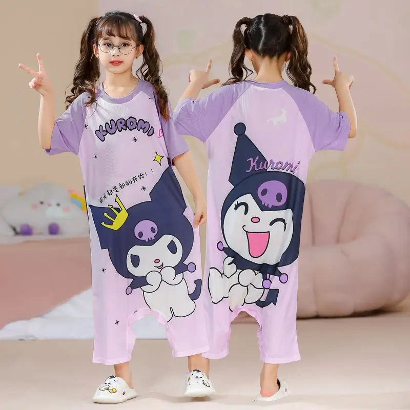 Sanrios-Pijama Kawaii Hello Kittys Kuromi Cinnamoroll para niña, camisón de manga corta de seda de hielo, ropa de dormir bonita para el hogar