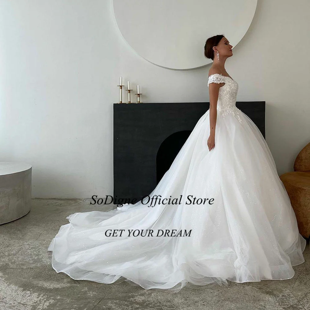 SoDigne Princess Wedding Dresses Off Shoulder Bridal Gowns A-Line Lace Appliques Glitter Tulle Bride Dress 2022 High Quality