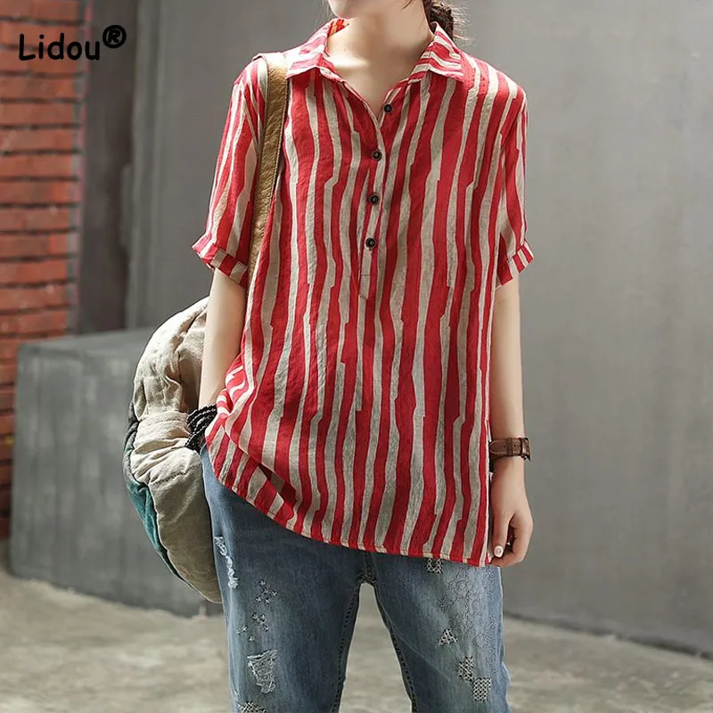 

Women's Fashion Striped Printed Casual Shirt 2023 Summer Vintage Loose All-match Short Sleeve Polo-Neck Blouse Female Clothing