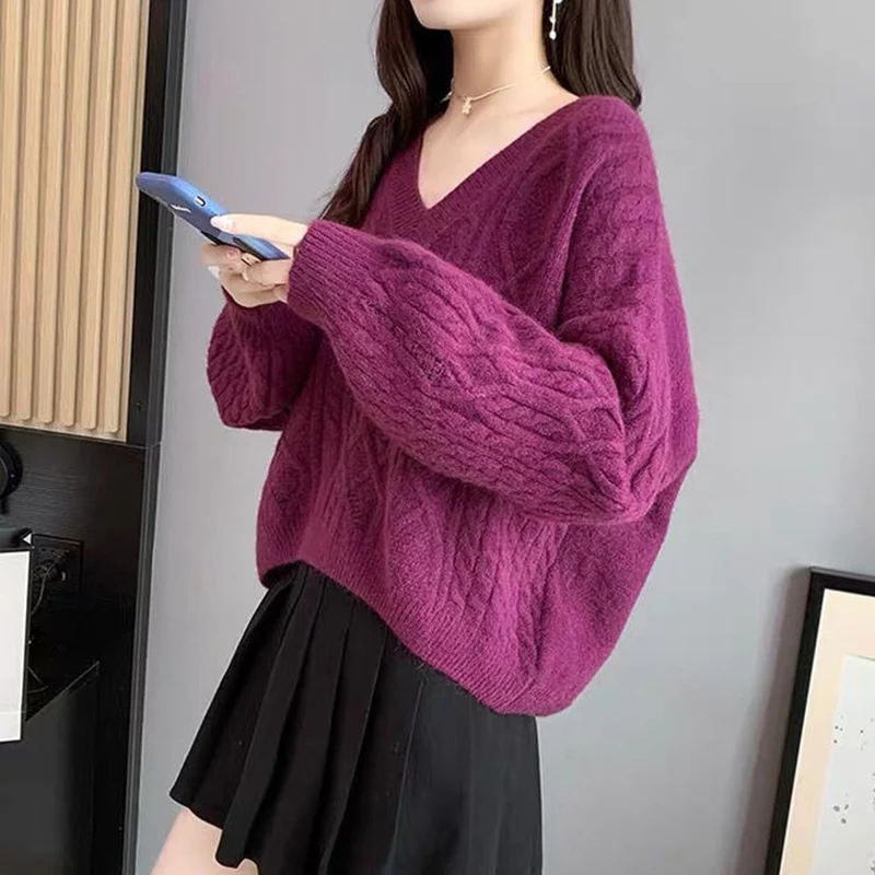 Szykowny sweter z dekoltem w szpic Kobiety Jesień Zima Luźne swetry z długim rękawem Koreańska moda Krótkie swetry damskie w jednolitym kolorze