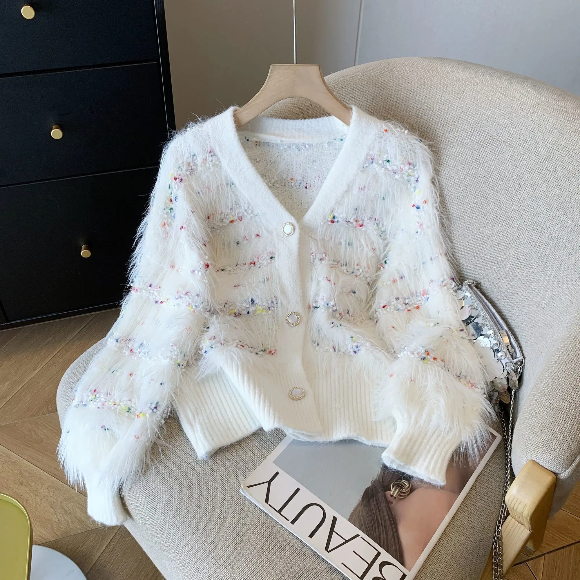 

Imitation Mink Fur Knitted Sweater Jacket Women's Autumn and Winter Korean Version White Tassel Cardigan