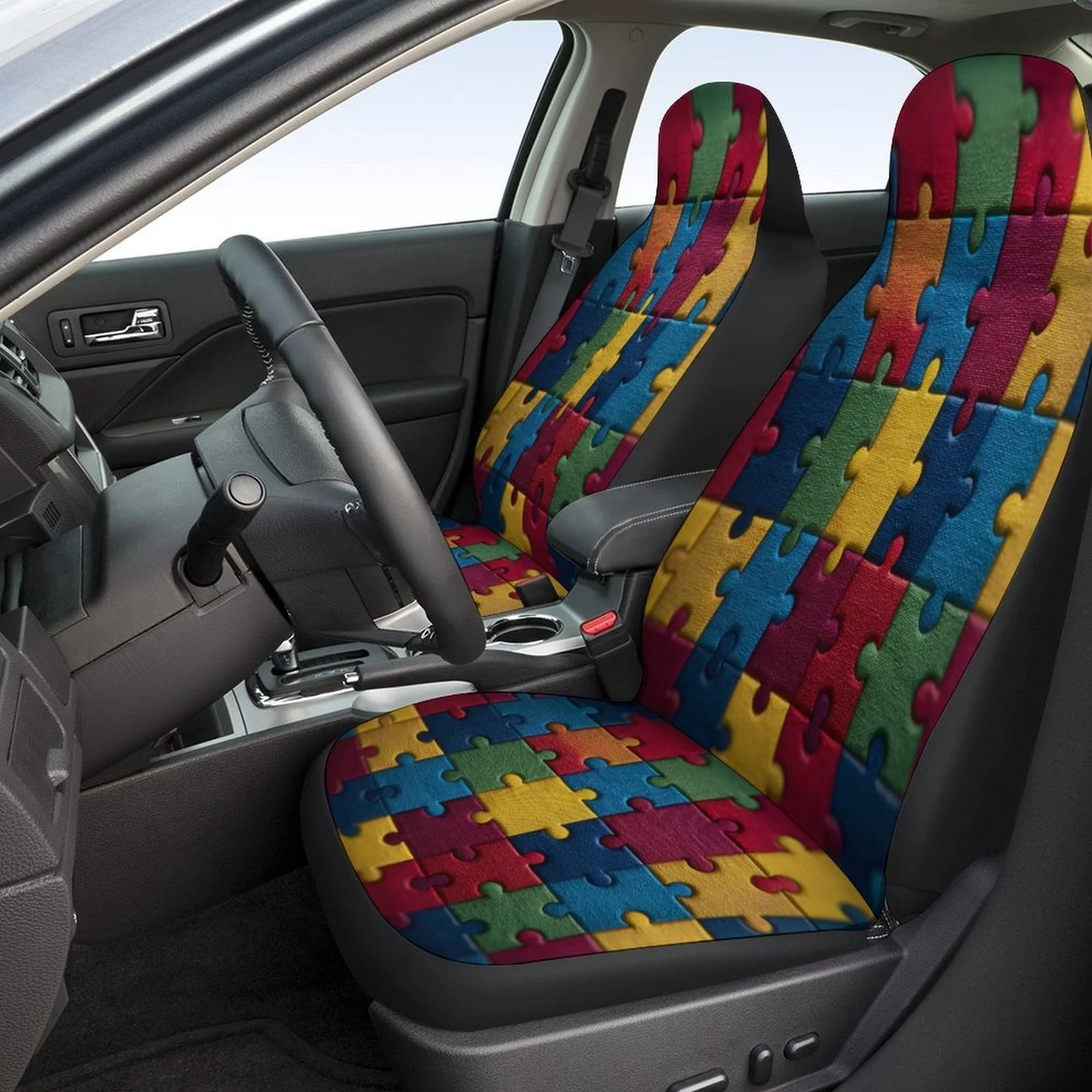 1 Set (2 Front & Rear) Fit Car Seat Covers With Puzzle Piece Design - Autism-Friendly, Color-Coded (Blue, Green, Yellow, Red, Pu