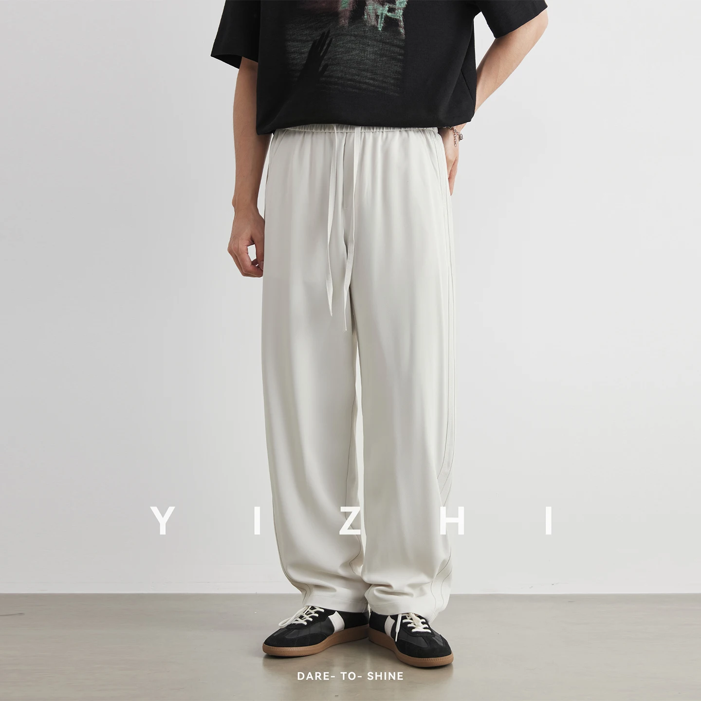 Fashion Men's Draped Ice Silk Casual Suit Pants 2026 Summer Thin Loose Straight Leg Side Webbing Versatile Wide Leg Trousers