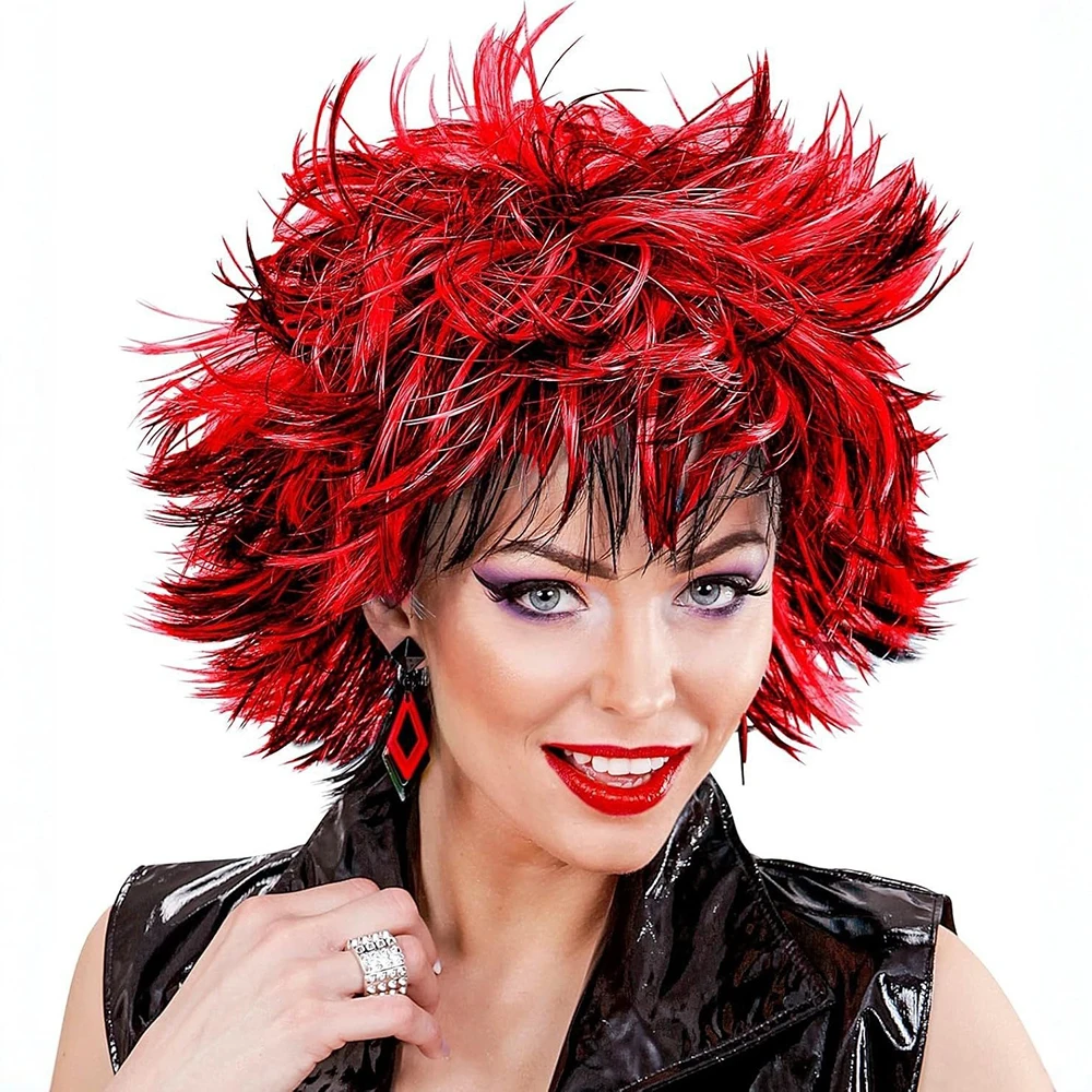 Peluca Afro Negra y Roja de 11 Pulgadas con Red de Botones, Corta y Lisa, de Fibra Química, para Festivales, Fiestas, Mascaradas, Cosplay, Peluca Completa Colorida