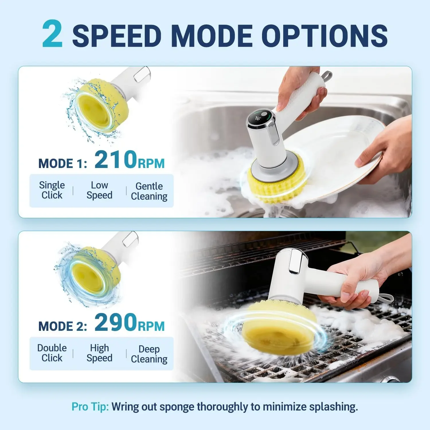 Purificador giratório elétrico de 2 velocidades IP7X à prova d'água, compatível com Scrub Daddy, 4 cabeças substituíveis, varinha de prato leve para forno