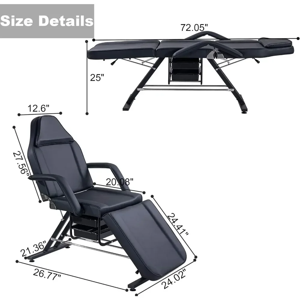 Tattoo Chair Massage Salon with Two Trays， Esthetician Bed with Hydraulic Stool,Multi-Purpose 3-Section Facial Bed Table