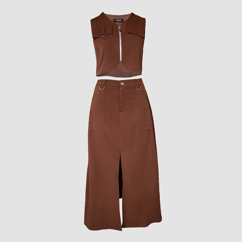 

Комплект из жилета на молнии с высокой талией и длинной юбки, цветной зонный костюм из двух предметов для молодых женщин, летняя коллекция