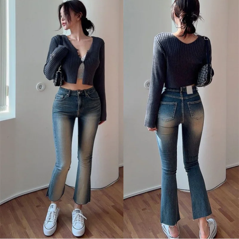 

Korean-style new comfortable fit high-waisted slim-fit high-gloss washed and distressed denim cropped pants for women
