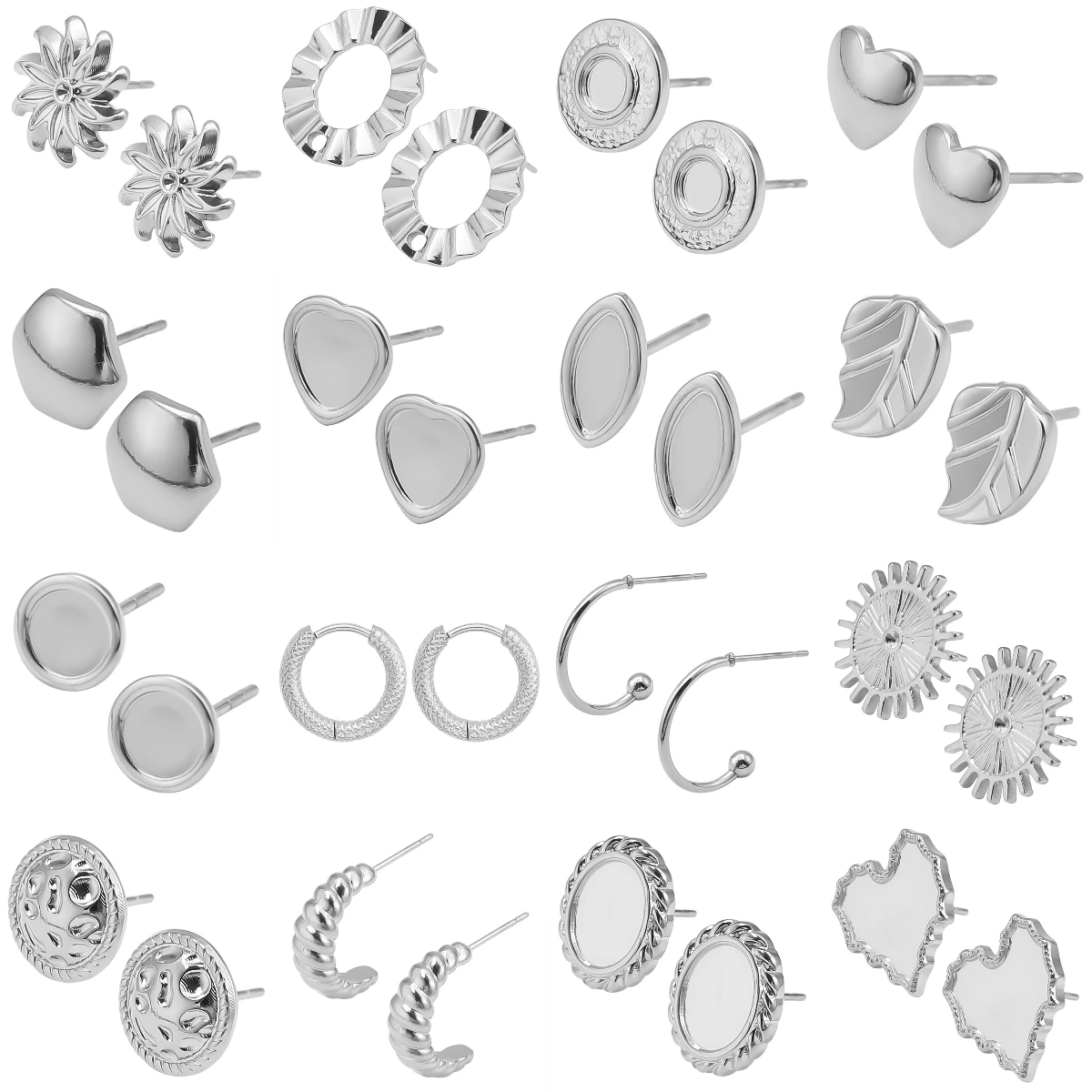

New 6pcs/lot Steel Color Stud Earrings Heart Shaped Stainless Steel DIY Settings Earrings Bases Jewelry Marking Women Girl Gifts
