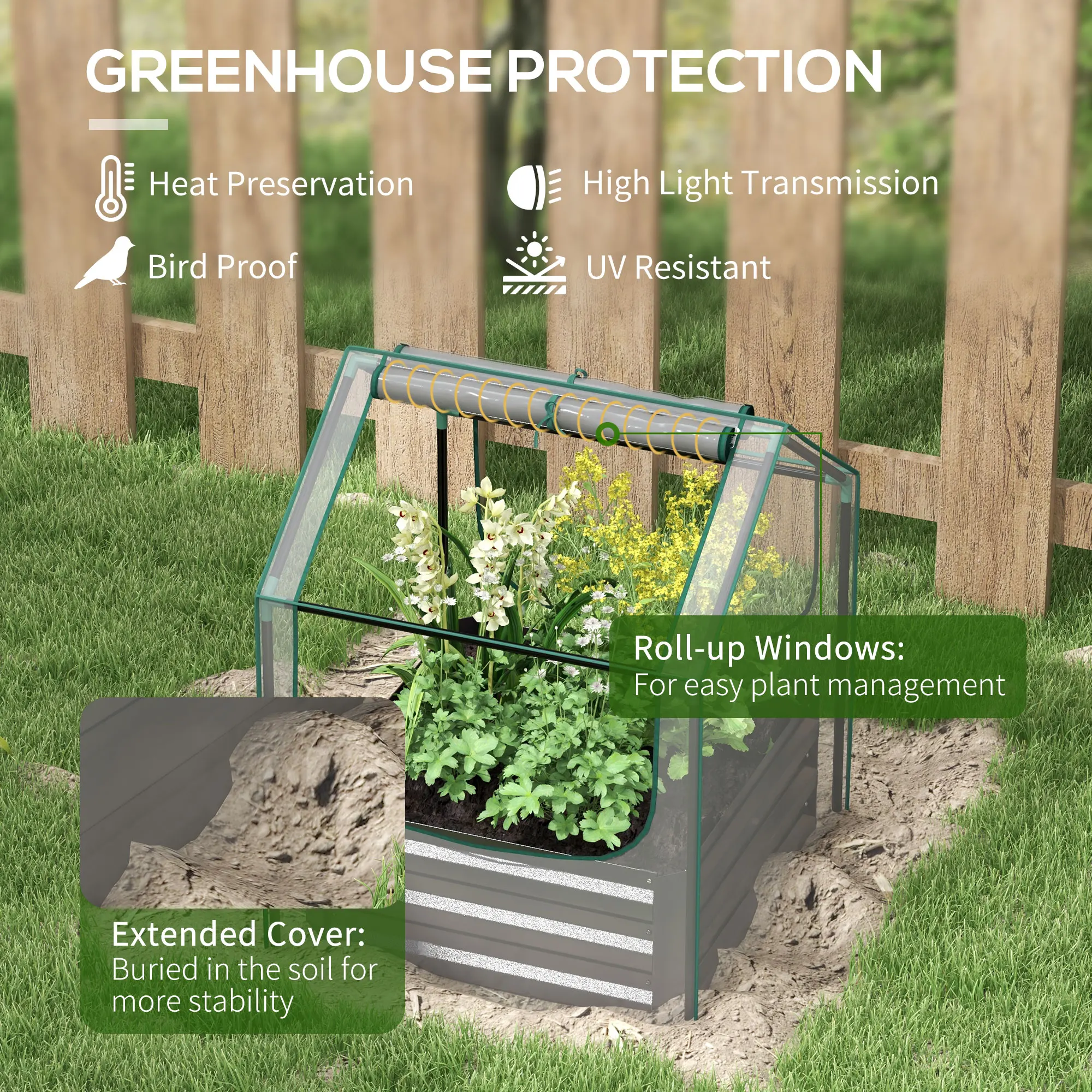 Raised Garden Bed with Greenhouse, Planter Box with Cover, Clear and Dark Grey