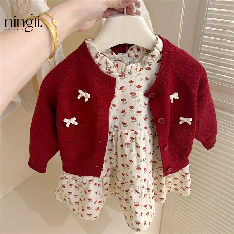 Childrens Clothing Set 2024 New Autumn Baby Fashion Cardigan Dress Spring and Autumn Casual Two-piece Set Trendy