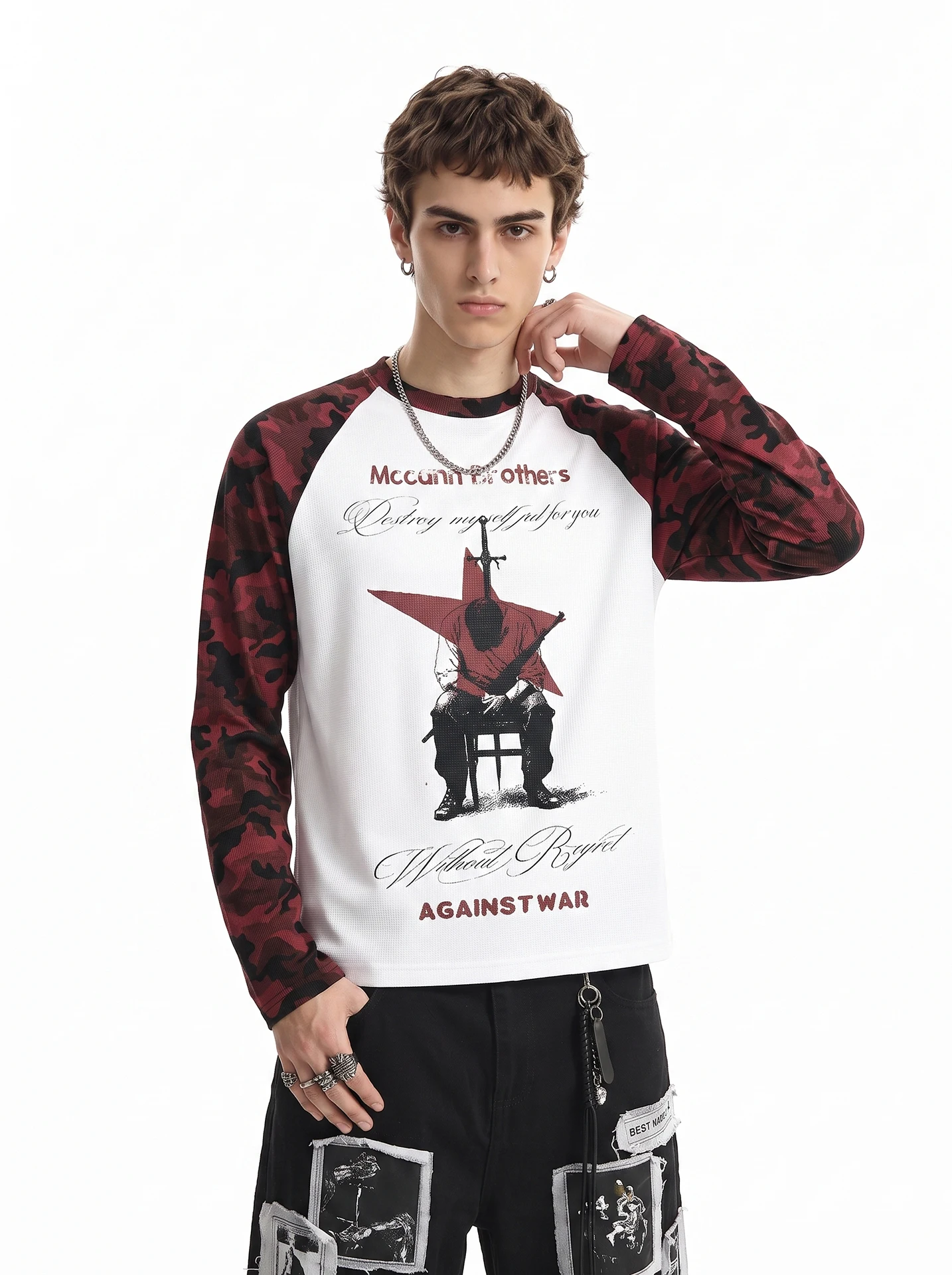 BETEBULE American High Street Camouflage Print Long Sleeve T-Shirt Men's Vintage Subculture Short Wide Top Youth Fashion