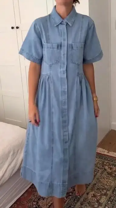 

Womens Dresses 2025 Spring Autumn New Solid Color Fashionable Pocket Design Turn-Down Collar Short Sleeve Casual Denim Dress