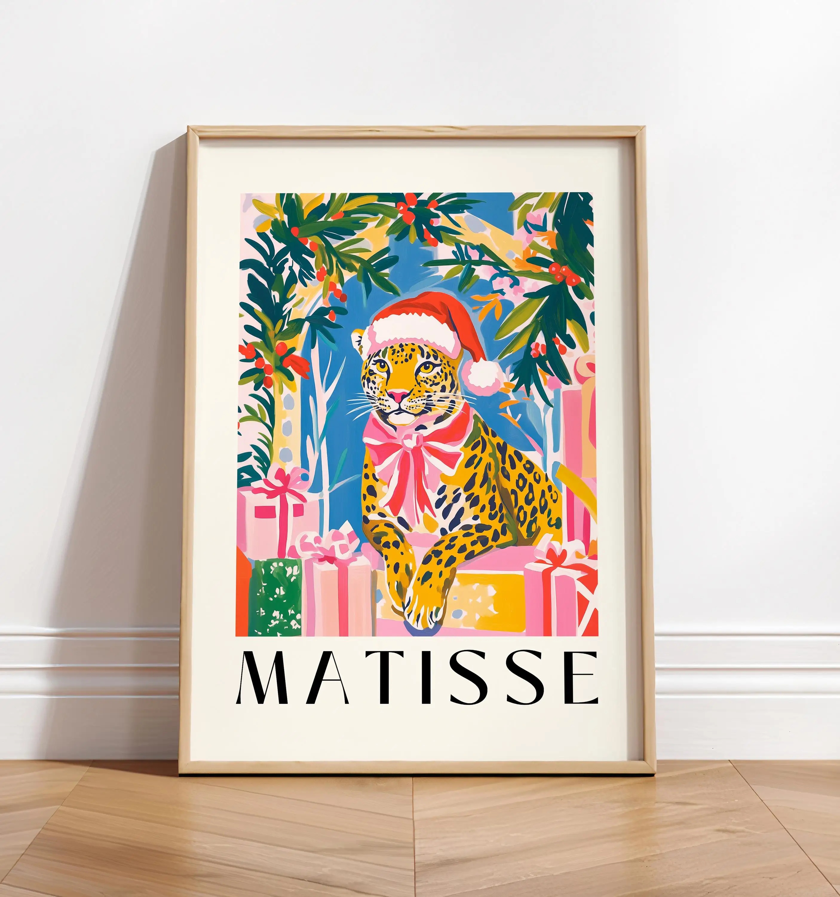Matisse Christmas Cat Print: Grey Tabby in Santa Hat, Black Cat  Ribbit Christmas Decor Funny Festive Christmas Wall Art