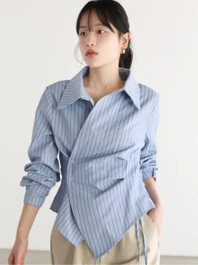 

White Korean Sle irt Women's Early Autumn Irregular Long Sve Waist Cinched Belted Top Faion Sensation