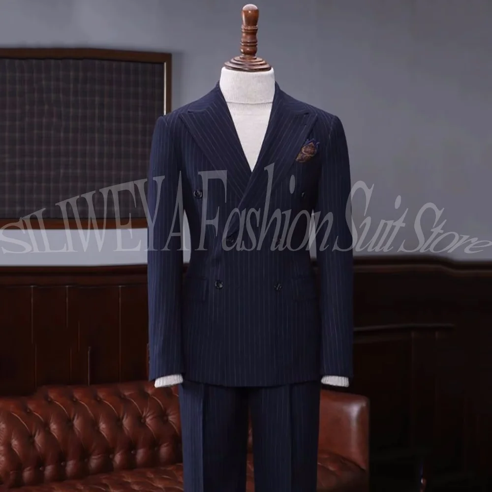 

Classic Double Breasted Stripe Men's Suits 2 Pieces Blazer Set Jacket Pants Formal Attire Wedding Groom Tuxedos Fashion Trousers