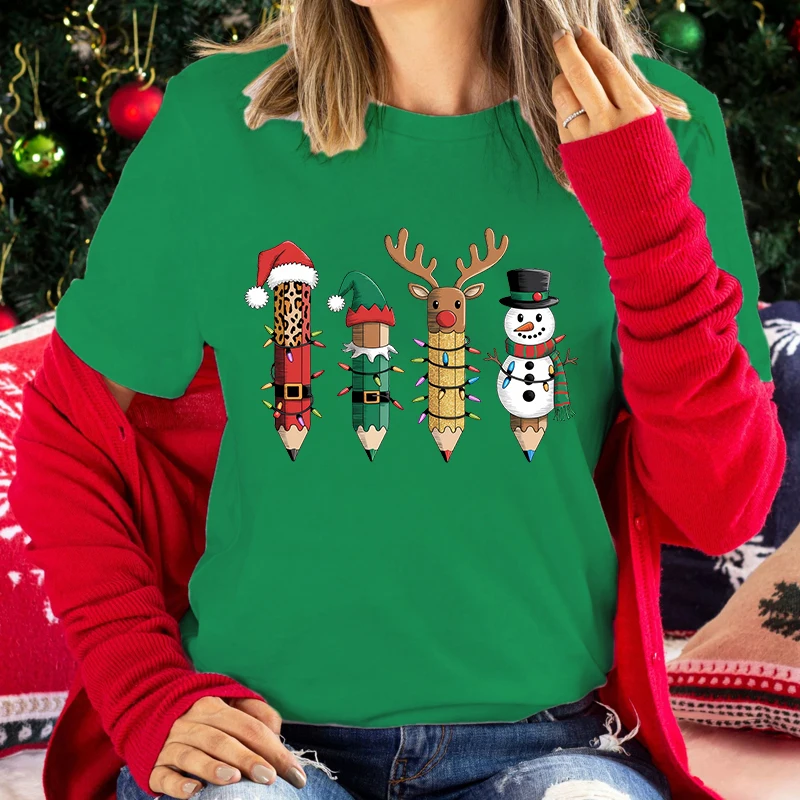 

Funny Christmas Pencil Print T-Shirt Women Men Summer Casual Short Sleeve Shirt Fashion Loose Tops