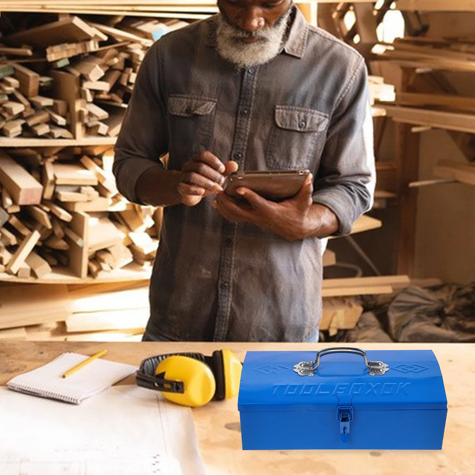 

Heavy Duty Iron Toolbox Blue Single Layer Portable Handheld Small Capacity Tool Storage Case Lightweight Compact Size Secure