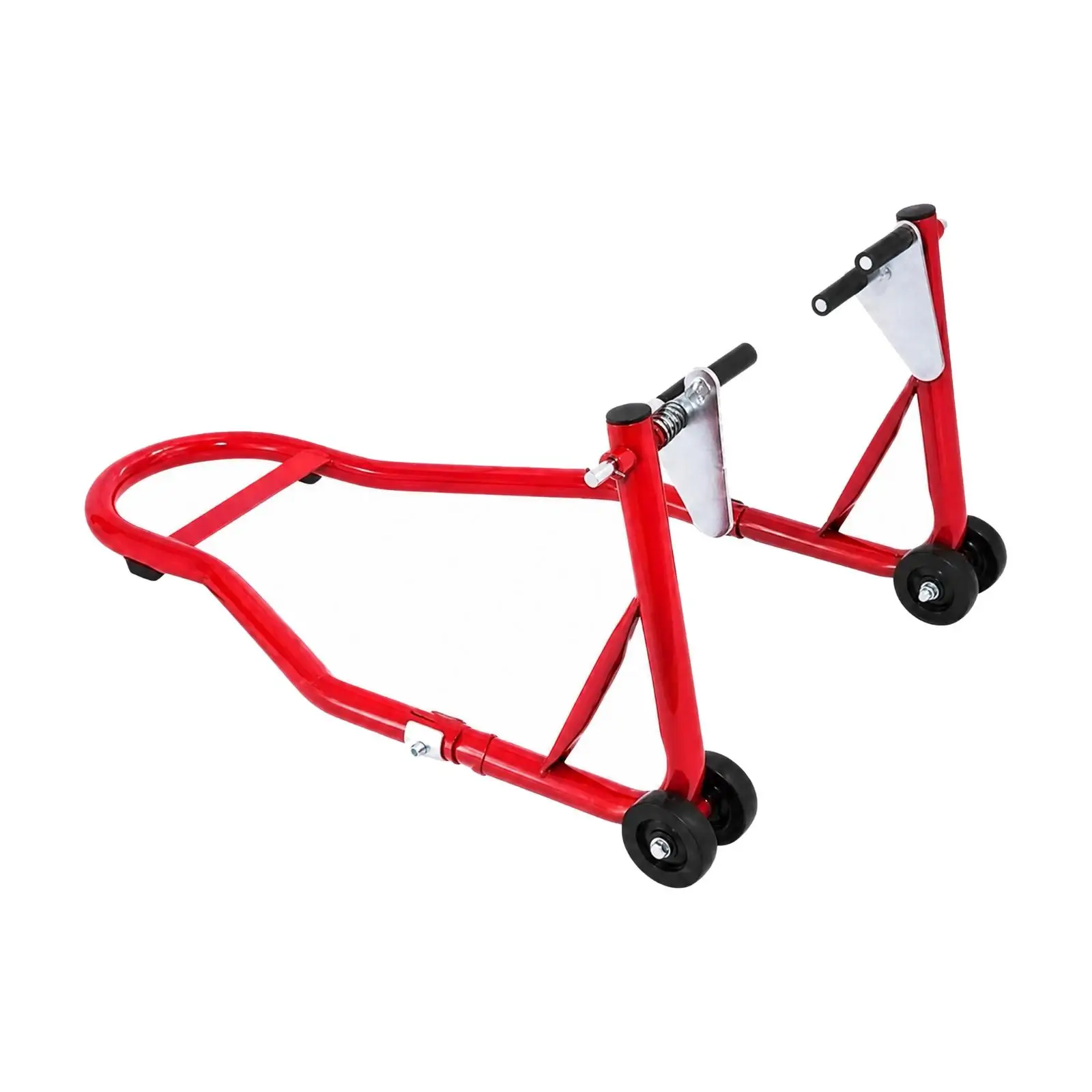 Adjustable Motorcycle Front Wheel Stand with Caster Wheels Carbon Steel Tubular Support for Maintenance and Storage