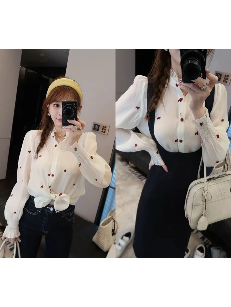 

Mimius French Style Loose Fit White Shirt Women's Summer New Micro Transparent Blouse Skirt Set Breathable Long Sleeve Petal ...