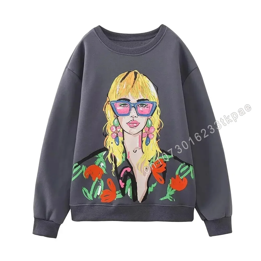 Fashion Women Round Neck Sweatshirt Hoodie Graphic Print Fleece Cotton Women Clothing Oversized Funny Autumn Winter Pullover