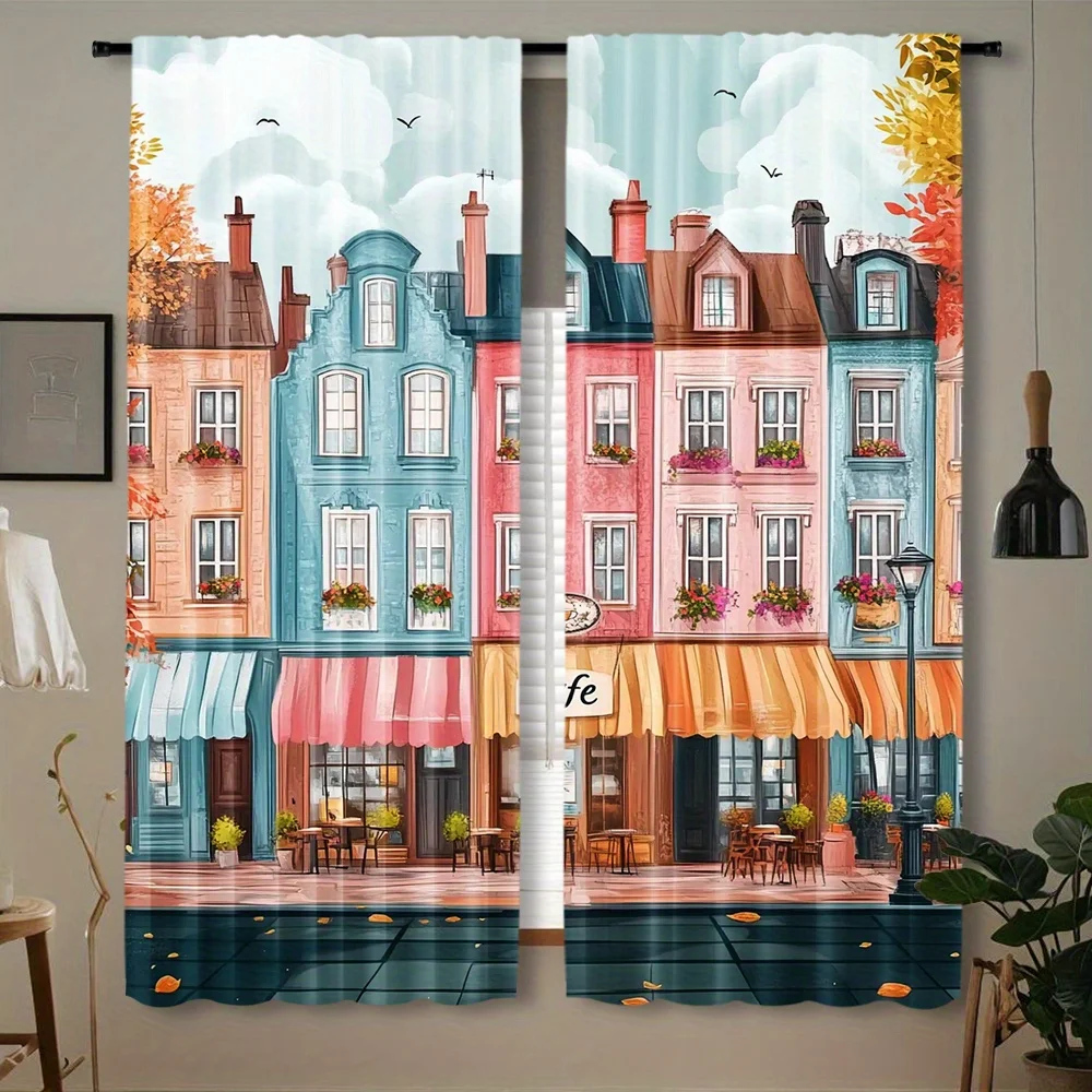 Colorful European Town Street Curtains 2 Panels, Pastel Cafe Buildings Autumn Leaves White Cloud Sky Cozy Warm Bedroom Curtain