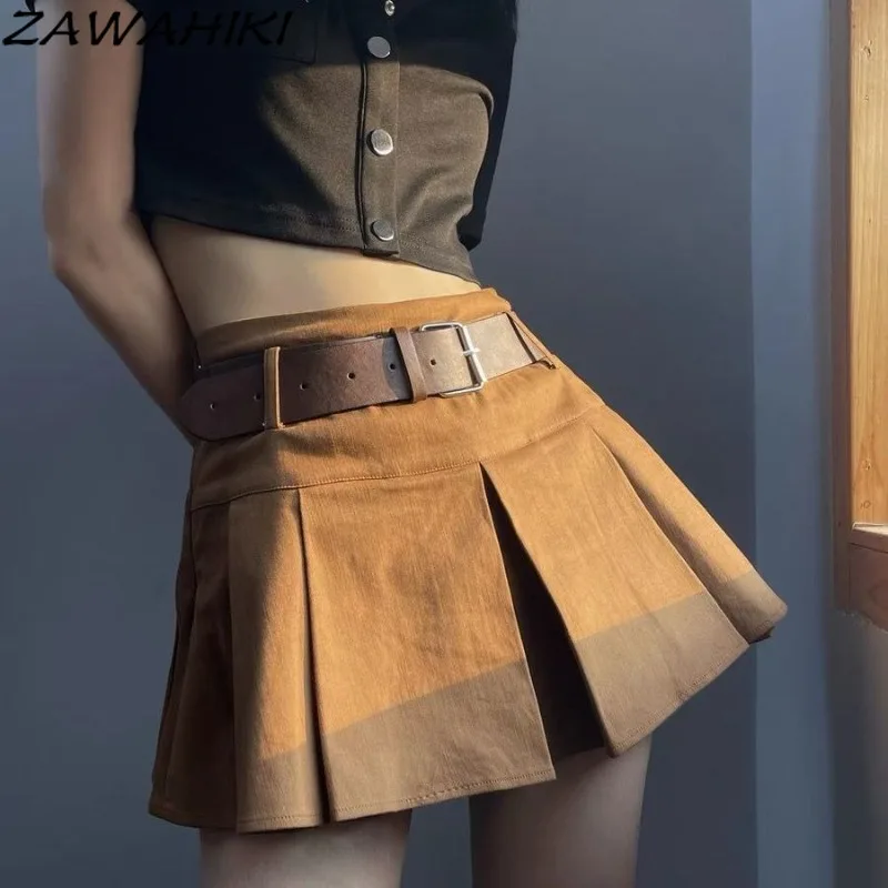 

ZAWAHIKI Skirt for Women Brown American Retro Pleated Solid Color Preppy High Waist A-line Temperament Fashion Faldas De Mujer