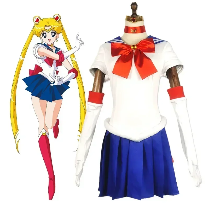 Anime Sailor Moon Cosplay Costume Tsukino Usagi Uniform Dress Outfits Cosplay Yellow Wig Halloween Carnivl Party Women Kids