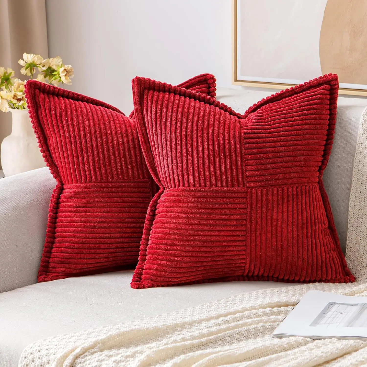 

Boho Decorative Pillow Covers For Couch Bed Sofa Farmhouse Home Decor 24X24 H Set Of 2 Red Throw Pillow Broadside Soft Corduroy