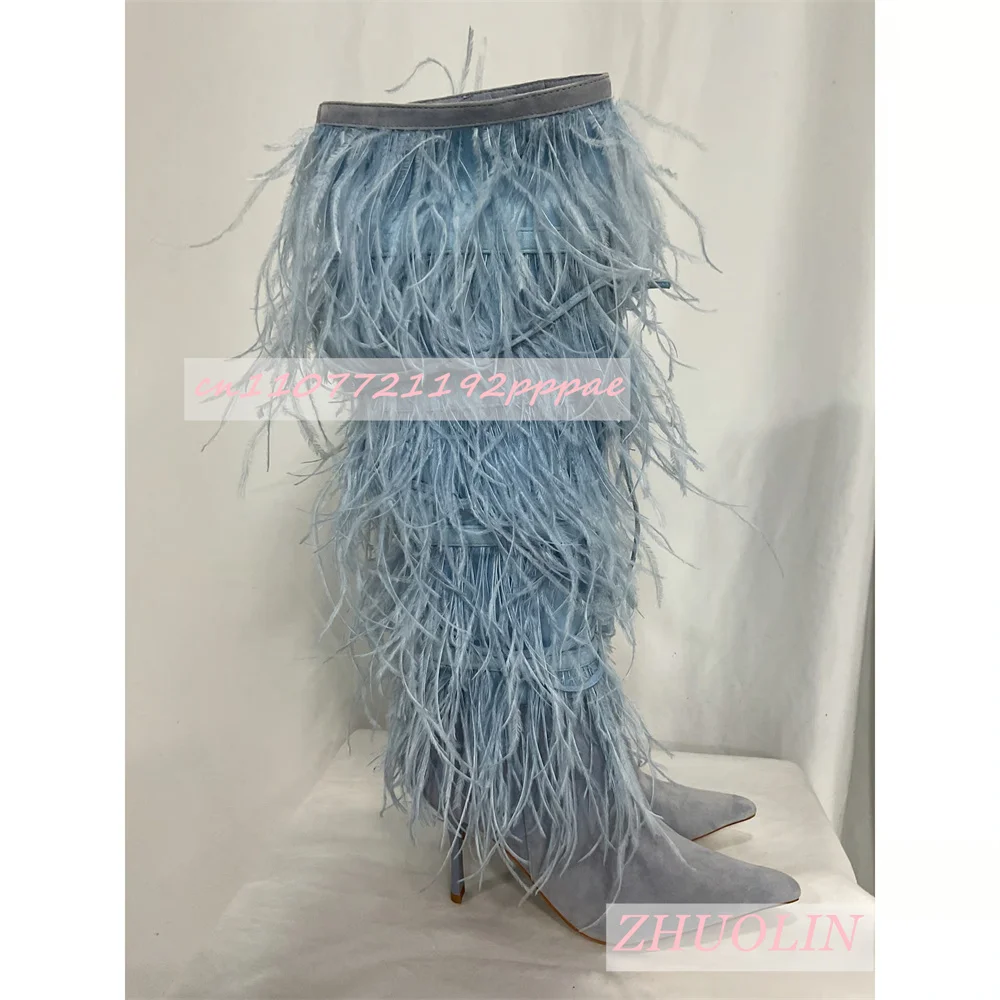

Light Blue Suede Feather Knee-High Boots For Women Sweet Pointed Toe Stiletto Heels Cross Straps Sexy Party Dress Long Boots 43