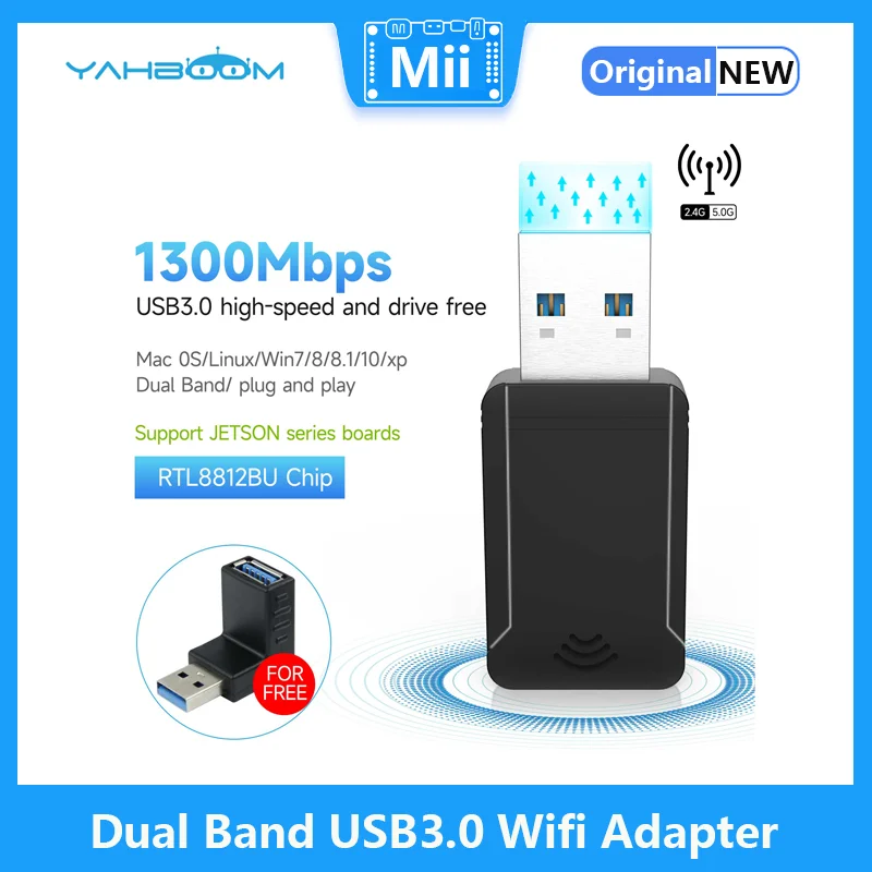 

Yahboom 1300Mbps 2.4GHz+5GHz Dual Band USB3.0 Wifi Adapter Drive free Wireless PC Network Card For Jetson NANO/Xavier NX/TX2-NX