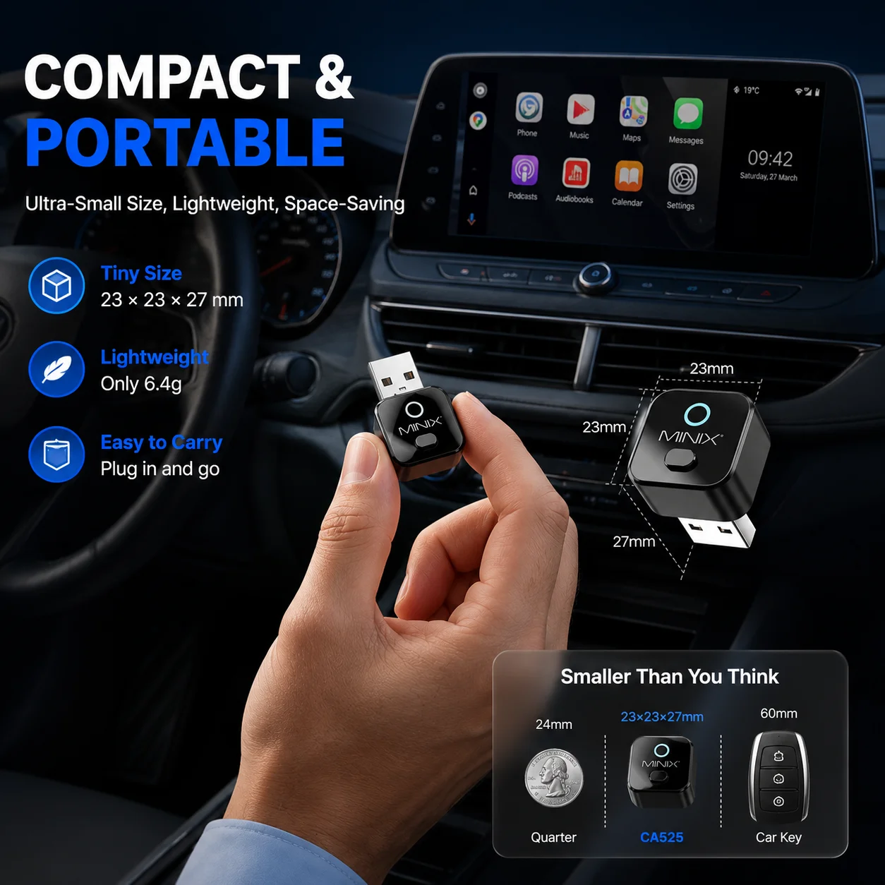 MINIX CA525 Wireless CarPlay Android Auto Adapter WiFi 6 Bluetooth 5.4 Wired to Wireless CarPlay Dongle USB A USB C