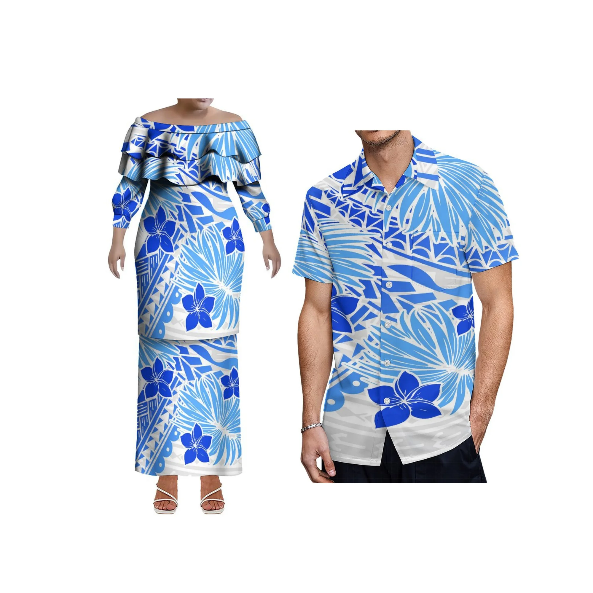 Vestido plissado de camada dupla personalizado eli tribal polinésia puletasi vestido plus size senhora saia de um ombro conjunto top e saias