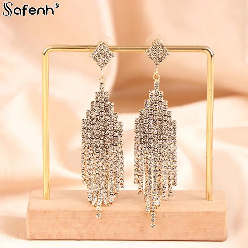 الكلاسيكية لامعة كريستال أقراط للسيدات ، S925 الفضة إبرة ، مبالغ فيها الأقراط الطويلة ، شرابات حجر الراين أقراط ، الكورية موضة ، Ea #6