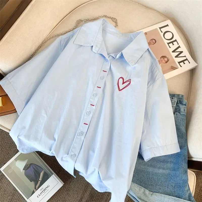 College Style Embroidered Short Sleeved Shirt Top for Women in Summer Loose and Stylish Age Reducing and Chic Polo Collar Shirt