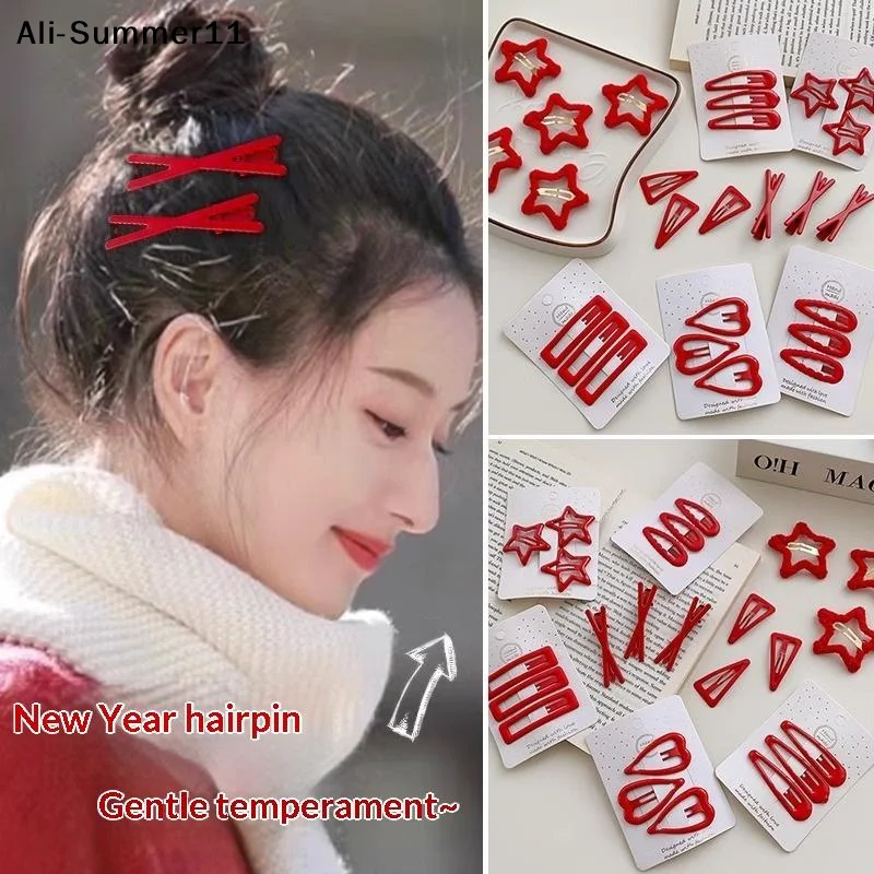 【U11】3-teiliges Set niedliche Haarspangen für Damen und Mädchen, rote Herz-Stern-geometrische Haarnadeln, süße Pony-Haarspangen, Haarschmuck für Weihnachten und Neujahr