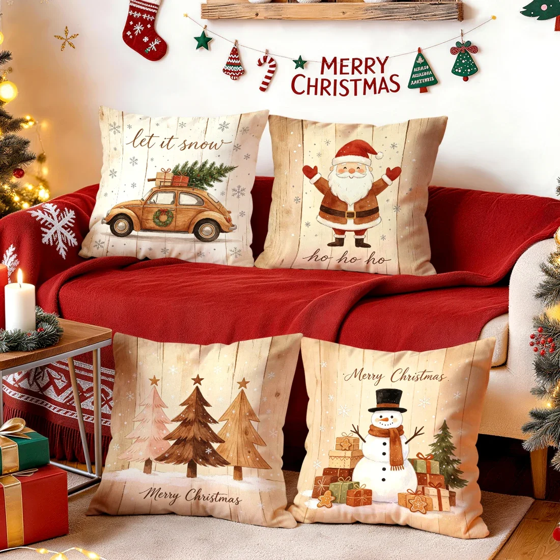 1/4pcs Countryside Wood Grain Christmas Cushions Pillowcase Polyester Cushion Cover Throw Pillow Pillowcover Home Car Sofa Decor