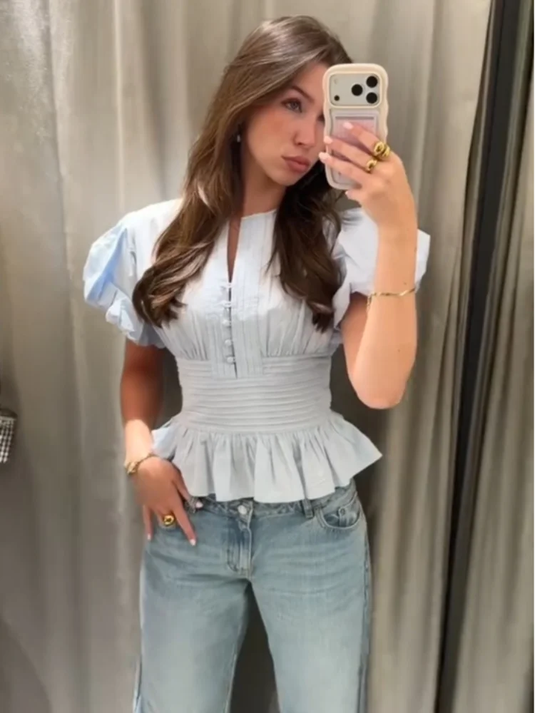

Fashion Light Blue Puff Sleeve Peplum Top Women's Cute Notch Neck Pleated Waist Babydoll Top 2026 Women's Casual Daily Tops