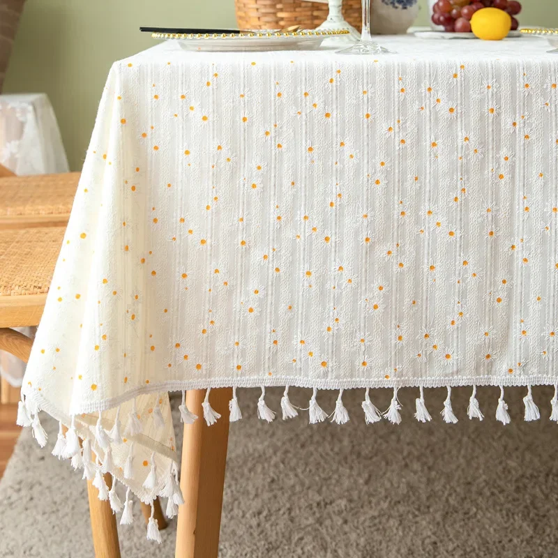 

Daisy Tassels Cotton Tablecloth For Bedroom Rectangle Dining Table Cover Party Tablecloth Dustproof Desk Cover Living Room Decor